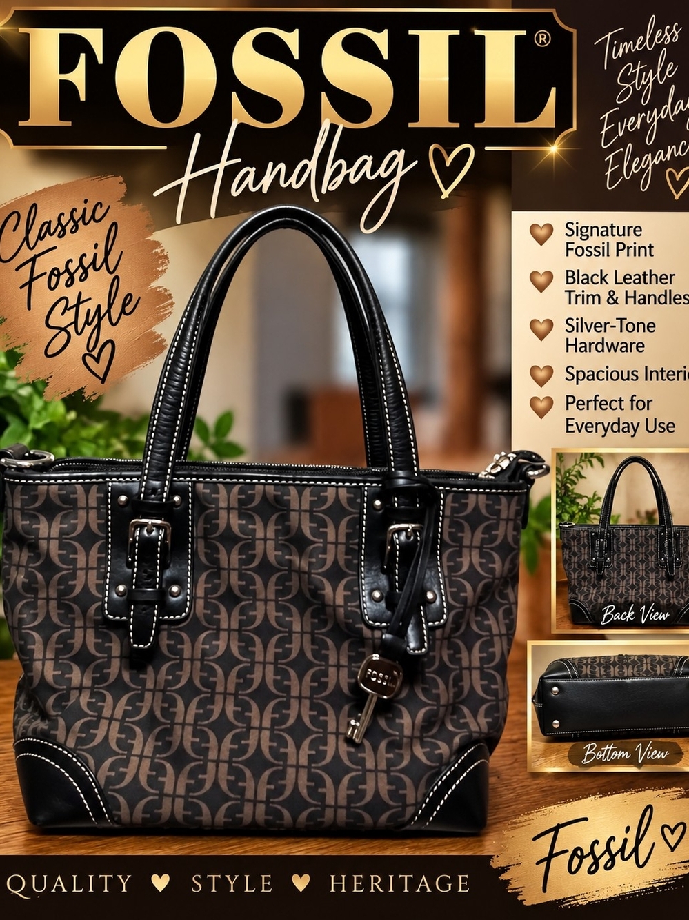 Fossil Brown Signature Tote with Black Leather Trim